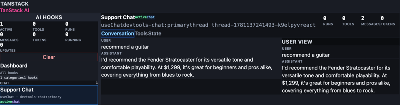 TanStack AI Devtools showing a live useChat hook: the conversation timeline, tool and token metrics, and the user view side by side